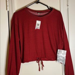 Red Striped Drawstring Hem Crop Top L